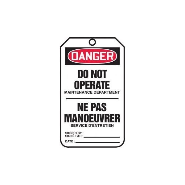 Accuform French Bilingual Safety Tags, DANGER DO NOT OPERATE MAINTENANCE DEPARTMENT, 5.75in x 3.25in, 25PK TCF123PTP - main